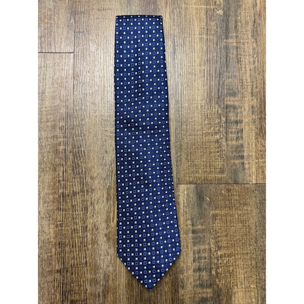 Hugo Boss Mens Blue Geometric Square Pattern 100% Silk Necktie Made‎ in Italy - Picture 11 of 11